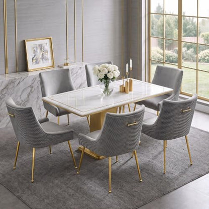 WUTUTUEE Velvet Dining Chairs Set of 6 Gold Legs,Upholstered Velvet Accent Chairs, Pleated Back Design & Gold Pull Handle, Mid Century Modern Chairs for Dining/Kitchen/Living Room,Light Grey - color: Light Grey, size: Set of 6