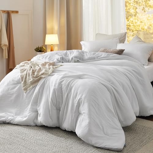 Bedsure Queen Size Comforter Set, Reversible White Soft Prewashed Bedding for All Seasons, 3 Pieces Warm Down Alternative Bed Set, 1 Lightweight Comforter (90"x90") and 2 Pillowcases (20"x26")