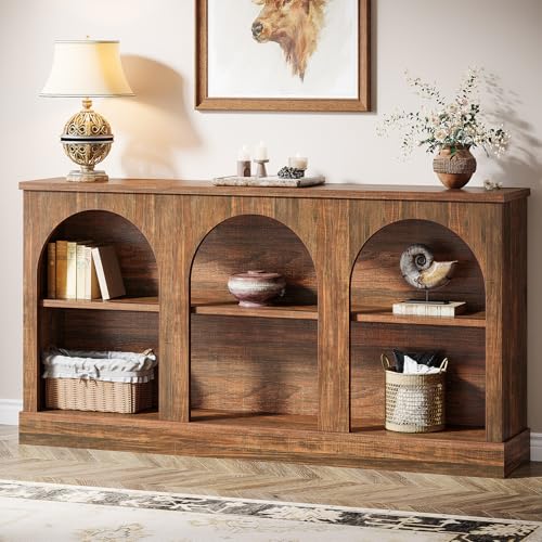 Tribesigns Console Table with Storage, 63" Long Arched Entryway Table | 3 Tier Wooden Farmhouse Rectangular Sofa Table Behind The Couch for Entrance, Hallway, Foyer, Living Room, Dark Brown - color: Dark Brown