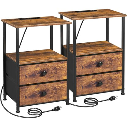 Nightstands Set of 2, Night Stand with Charging Station | Bedside Table with 2 Fabric Drawers for Bedroom, End Tables with Storage Shelf for Small Spaces, Rustic Brown - color: Rustic Brown, style: Power