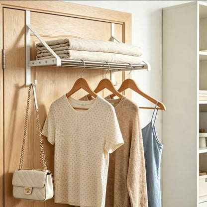 Adjustable Over the Door Clothes Hanger 12-23", 4 Stainless Steel Rod | Over Door Drying Rack with 2 Hooks, Clothes Hanger Drying Rack Fits Door Up to 1.85", White