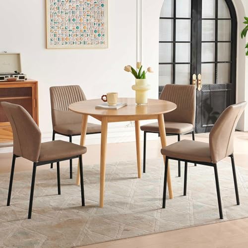 Small Dining Table Set for 4, Modern Round Dining Table with 4 PU Leather Dining Chairs in Metal Legs, Breakfast Nook for Compact Spaces, Beige - color: Beige, size: 35" Round Table+4 Chairs