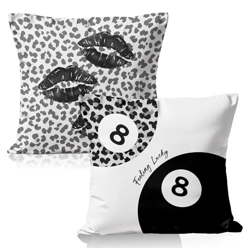 Trendy Black and White Leopard Print Lucky 8 Ball Lips Pillow Covers 18x18 Double-Sided, Funky Y2K Animal Print Decorative Throw Pillow Cases for Girls Room Dorm Apartment Home, Set of 2 - color: 21color