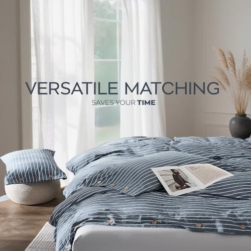 JELLYMONI 100% Washed Cotton Striped Duvet Cover Set Twin, Linen-Like | Linen-Like Texture, OEKO-TEX Certified, 8 Reinforced Ties, Natural Coconut Buttons, Wide Opening, Multi-Scene Use - color: 03- Blue Pinstripe, size: Twin(68"×90")