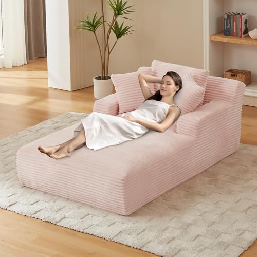 Chaise Lounge Chair Indoor, 50 Inch Oversized Corduroy Upholstered Boneless Sofa Bed, Deep Seat Sleeper Couch Reading Chairs, Cloud Sofas Couches for Living Room (Pink, 50" W x 80" D) - color: Pink, size: 50"W x 80"D
