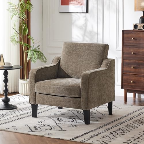VINGLI Chair Light Brown Upholstered Chenille Accent Chair for Living Room, Bedroom, Mid-Century Modern Arm Chair Comfy Reading Chair with Scooped Arms - color: Light Brown