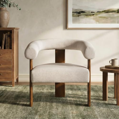 VKNOW Barrel Accent Chair, Vanity Chair with Armrests and Walnut Wood Legs | Mid Century Modern Upholstered Living Room Chairs with Open Back, Faux Mohair Fabric, for Living Room, Bedroom, Khaki - color: Khaki(walnut Legs), size: Set of 1