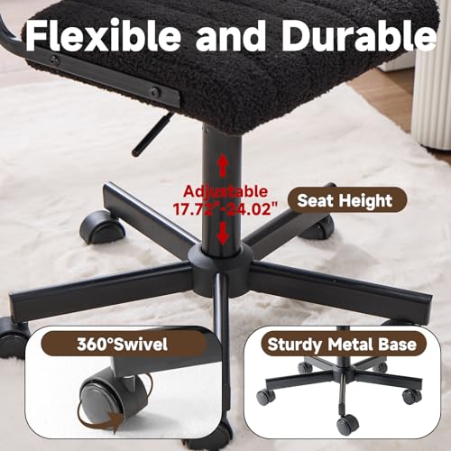 Office Chair Vanity Chair with Wheels | Comfy Desk Chair with Back | Cute Teddy Armless Adjustable Swivel Chair | Small Vanity Stool | for Bedroom Home Computer Task | Black - color: Black