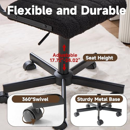 Office Chair Vanity Chair with Wheels | Comfy Desk Chair with Back | Cute Teddy Armless Adjustable Swivel Chair | Small Vanity Stool | for Bedroom Home Computer Task | Black - color: Black