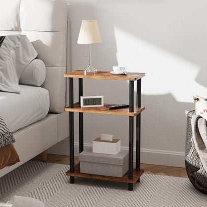 Apicizon Small Narrow Side Table, 3-Tier Skinny End Table, Brown and Black | Sofa Side Table, Slim End Table, Wood Storage Shelf, Slim Nightstand Bedside Table for Narrow Spaces, Living Room, Bedroom - color: Rustic Brown and Black, style: Narrow Side Tab