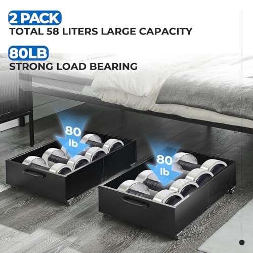 2-Pack Under Bed Storage Drawers Organizer with Wheels, Black | 58L total capacity, 80 lb per Drawer, Fits 6 in Bed Clearance, Rolling Drawers for Shoes, Clothes, Linens, Toys - color: Black