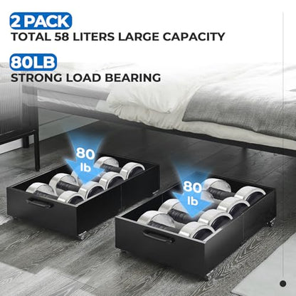 2-Pack Under Bed Storage Drawers Organizer with Wheels, Black | 58L total capacity, 80 lb per Drawer, Fits 6 in Bed Clearance, Rolling Drawers for Shoes, Clothes, Linens, Toys - color: Black