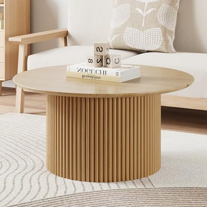 31.5" Round Coffee Table, Modern Fluted Accent Center Table with Metal Frame, Wooden Circle Coffee Tables for Living Room Small Space or Office (Natural) - color: Natural 31.5" Round