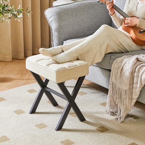 IBUYKE Square Makeup Stool with X-Leg, Linen Vanity Chair, Linen LG-70Y | Footrest Ottoman Seat Multi-Use Small Side Table Bedroom Living Room - color: Linen, size: 17.72"-Linen