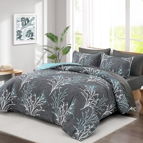 DJY Blue and Grey Reversible Comforter Set with Quilt Set Branch Flroal Pattern Bedding Set