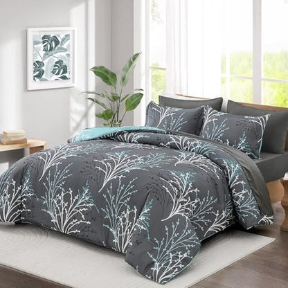 DJY Blue and Grey Reversible Comforter Set with Quilt Set Branch Flroal Pattern Bedding Set