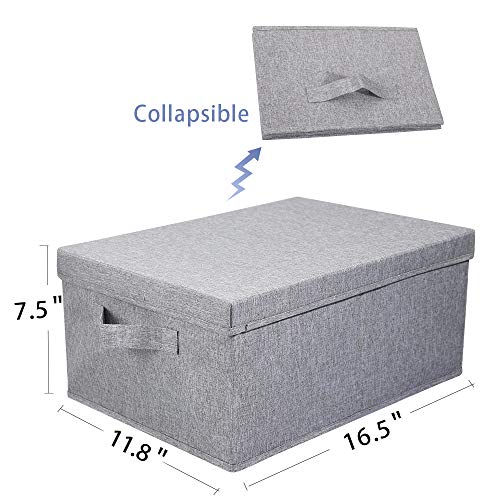 HOONEX Linen Foldable Storage Bins with Lids, 2 Pack, Storage Boxes with Carrying Handles and Sturdy Heavy Cardboard, 16.5" L x 11.8" W x 7.5" H for Shoes, Books, Clothes, Light Grey - color: Light Grey