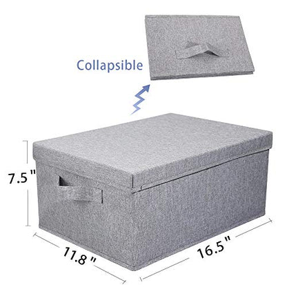 HOONEX Linen Foldable Storage Bins with Lids, 2 Pack, Storage Boxes with Carrying Handles and Sturdy Heavy Cardboard, 16.5" L x 11.8" W x 7.5" H for Shoes, Books, Clothes, Light Grey - color: Light Grey