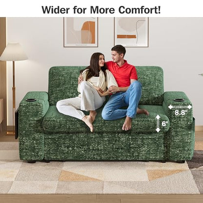 Vipbear 65" Loveseat Sleeper Sofa with Pull Out Bed, Chenille 3-in-1 Convertible Sofa Bed with Reclining Backrest|USB Ports|Cup Holders|Side Table|Storage Armrests, Tool Free Assembly, Green - color: Green