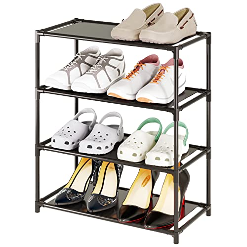 Small Shoe Rack 6-8 Pairs Sturdy Shoe Shelf 4-Tiers Narrow Stackable Shoe Organizer,Lightweight Kids Shoe Racks for Entryway, Doorway and Closet（Black） - size: 4-Black