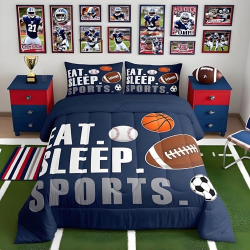 Feelyou Football Comforter Set Full Size Kids Basketball Baseball Soccer Comforter for Boys Girls Sports Theme Bedding Set Breathable Soft Navy Blue Duvet Quilted Ball Game Room Decor - color: Multi 0938, size: Full