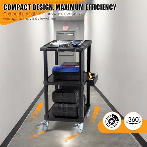3-Tier Heavy Duty Flat Top Rolling Utility Cart, 27.5 x 18.25 in | 330 lbs Capacity, Flat Top Shelves, Industrial Plastic, Swivel Wheels, Multipurpose Work Cart, Service Tool Organizer - style: Standard