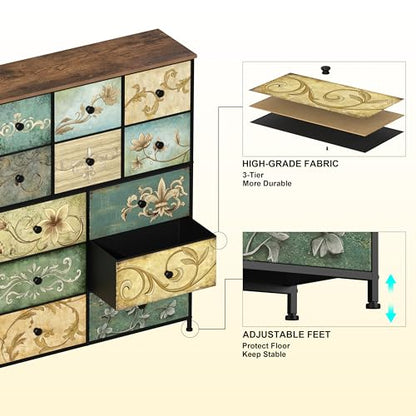 Dresser with Drawers for Bedroom Chest of Drawers Fabric Dresser for Closet,Nursery Entryway Hall Tree TV Stand for Living Room Retro Floral Pattern Drawers Wooden Top (12 Drawers) - size: 11.8"D x 39"W x 48.4"H (12 Drawers)
