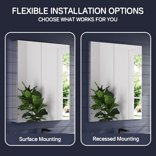 28"x36" Medicine Cabinet with Mirror & Soft Close Hinges, Surface Mount or Recessed Medicine Cabinet with Adjustable Shelves, Bathroom Wall Medicine Cabinet with Storage, Aluminum Alloy Frame, Combo - size: 28" x 36"