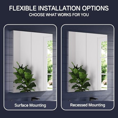 28"x36" Medicine Cabinet with Mirror & Soft Close Hinges, Surface Mount or Recessed Medicine Cabinet with Adjustable Shelves, Bathroom Wall Medicine Cabinet with Storage, Aluminum Alloy Frame, Combo - size: 28" x 36"