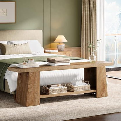Tribesigns 2-Tier Entryway Bench, 59-Inch Extra Long Shoe Bench with Storage Shelves, Wood End of Bed Seat, Farmhouse Hallway Foyer Seat with Open Shelves for Entryway, Bedroom, Living Room, Natural