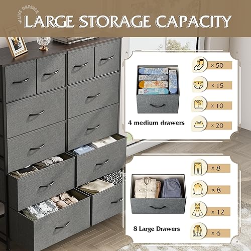 WLIVE 12 Drawer Tall Fabric Dresser Bedroom Storage Chest, Dark Grey | 12-drawer tall fabric dresser with wood top and steel frame, P2 grade board, ideal for bedroom closet living room storage - color: Dark Grey