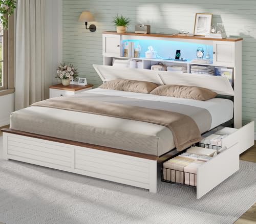 MSmask Farmhouse King Size Bed Frame with Bookcase and Storage Cabinets Headboard, Wood Platform Bed with LED Lights, Charging Station, 4 Drawers, Decoration Footboard, No Box Spring Needed, White - color: White, size: King