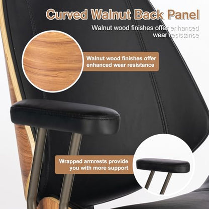 Modern Mid Back Office Chair, Adjustable Swivel Desk Chair with Arms, Black | Faux leather seat, wood accent detail, mid-back with padded armrests, adjustable swivel, for home office, bedroom & study - color: Black, size: 1-Piece Back / No Headrest