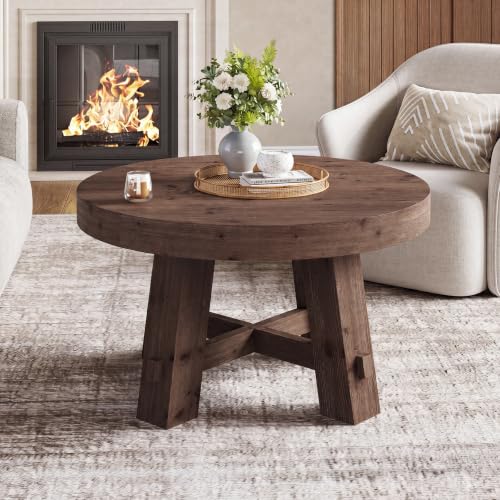 31.5-Inch Round Coffee Table, Solid Wood Center Table with Thickened Tabletop for Living Room, Apartment, Small Space, Brown - color: Walnut Brown