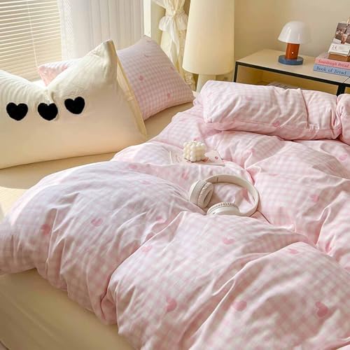 Faincy Full Comforter Set, Pink and White Grid Heart Plaid Buffalo Check Gingham Pattern Printed Comforter, Soft Microfiber Duvet Cottage Preppy Decor Bedding in a Bag for Women Men, Size 80 x90 3PC - color: Pink and White Grid Comforter Set, size: Full