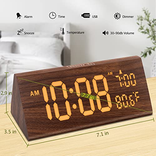 DreamSky Wooden Digital Alarm Clock for Bedroom with USB Port | 7.7" Electric Clocks with Large Numbers, Temperature, 0-100% Brightness Dimmer, Adjustable Alarm Volume, Snooze, 12/24H - color: Amber