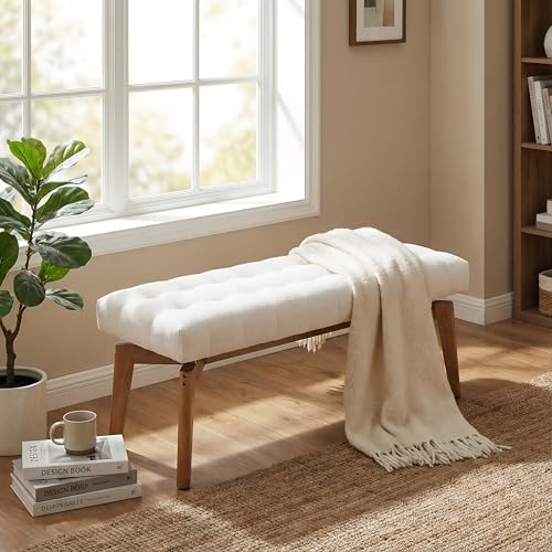 HNY White Upholstered Bench,End of Bed Bench | Entryway Bench Storage Bench Modern Tufted Floating Design Window Bench Seat for Living Room Indoor Hallway( Chenille) - color: White Chenille