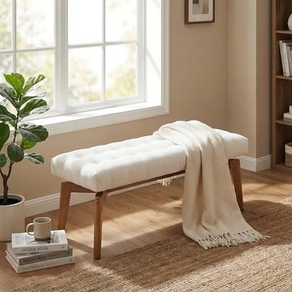 HNY White Upholstered Bench,End of Bed Bench | Entryway Bench Storage Bench Modern Tufted Floating Design Window Bench Seat for Living Room Indoor Hallway( Chenille) - color: White Chenille