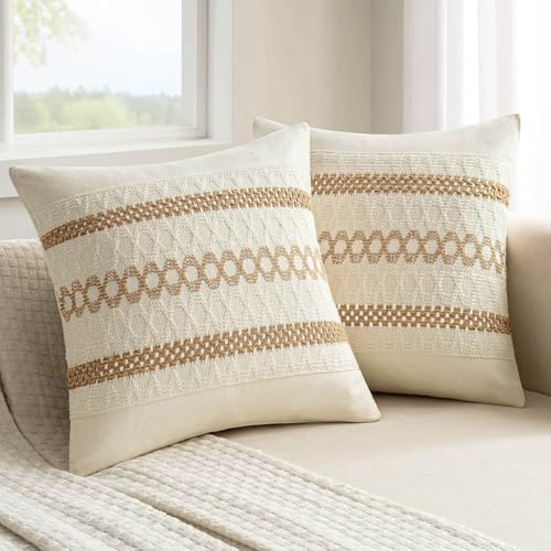 MIULEE Set of 2 Neutral Boho Decorative Pillow Covers 18x18 Inch | Farmhouse Couch Throw Pillows, Modern Spring Cotton Cushion Covers, Macrame Woven Home Decor for Bed Sofa Chair - color: Neutral, size: 18" x 18" (Pack of 2)