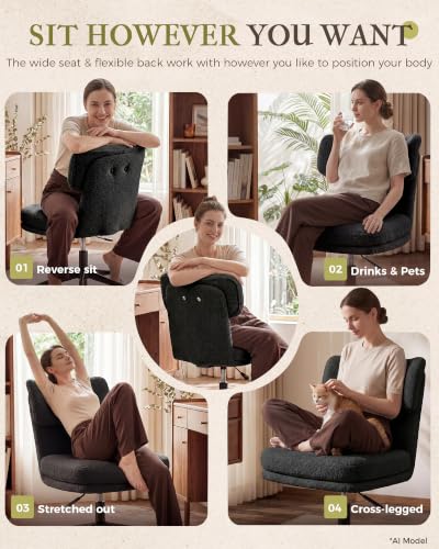 COMHOMA Vanity Chair with Ergonomic Curved Backrest, Home Office Desk Chair with Silent Wheel, Wide Seating Computer Chair for Girls Women Bedroom, Soft Teddy Fabric, Black - color: Black, Teddy Fleece
