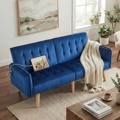 65'' Convertible Futon Sofa Bed with USB, Small Couch for Living Room | Sleeper Sofa and Loveseat, Adjustable Folding Couch with Tufted Design and 2 USB Ports, Bedroom Apartment Office, Blue - color: Blue