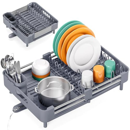 TOOLF Expandable Dish Drying Rack with Cutlery Holder, Standard, Grey | Over or In Sink Stainless Steel Dish Drainers for Compact Kitchen, Space Saving, Fast Drain, Rustproof, For 1-3 people - color: Gray