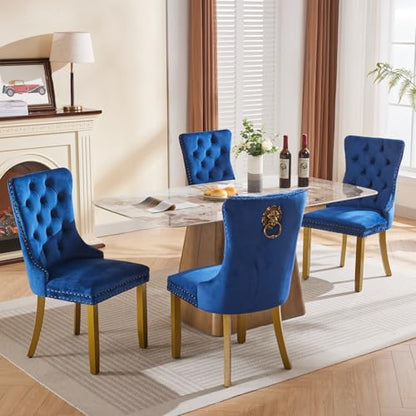 KEIKI Upholstered Velvet Dining Chair, Mid-Century Tufted Accent Seat | with Golden Solid Wood Legs Nailhead Trim 2-Pcs Set, for Dining Room Kitchen Room, Blue - color: Blue