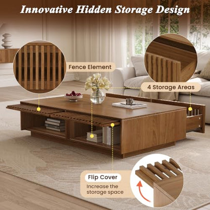 47.2" Solid Wood Coffee Table with Storage Drawers, Walnut | Rectangular Center Table, Low Profile Wooden Cocktail Table, Mid Century Farmhouse Tea Table, for Living Room - color: 47.2" Solid Wood Coffee Table, Walnut
