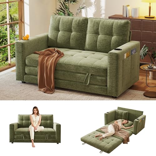 55" Convertible Folding Sofa Bed, Pull Out Couch Love Seat Sleeper Bed, Small Fold Out Loveseat sleeper with Cup Holder and Pillow for Small Space, Bedroom Lounge, Dorm, Living Room(Green Chenille) - color: Green
