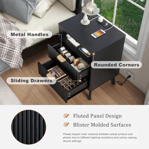 LYNCOHOME Fluted Nightstand with Charging Station, 19.7 inch Wide End Table with 2 Drawers, Modern Wood Bedside Table for Bedroom, Black,1 Pcs - color: Black, size: 15"D x 19.7"W x 25.5"H（2 Drawers）