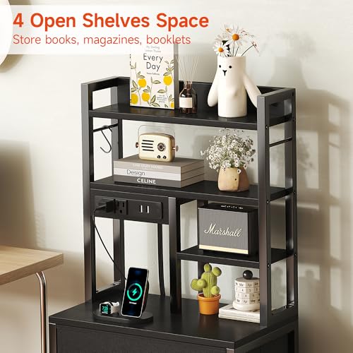 COTUBLR Night Stand, Tall Nightstand with Charging Station and LED Lights, Side Table with 4-Tier Shelves and 3 Fabric Drawers, 45.3" Tall Bedside End Tables for Bedroom, Hallway, Office, Black - color: Black