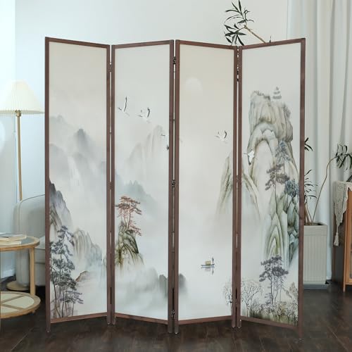 4 Panel Room Divider, 5.6 ft Tall Double-Sided Blackout Folding Privacy Screen – Freestanding Wall Partition with Mountains and Waters Landscape for Home Office, Easy Setup (67" H x 63" W) - color: Mountains and Waters, size: 4 Panel