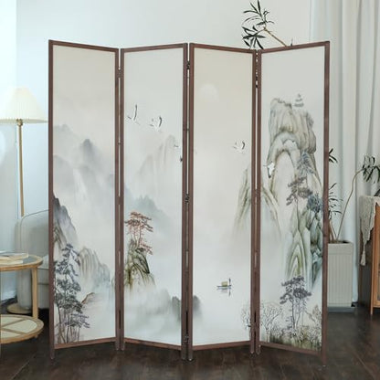 4 Panel Room Divider, 5.6 ft Tall Double-Sided Blackout Folding Privacy Screen – Freestanding Wall Partition with Mountains and Waters Landscape for Home Office, Easy Setup (67" H x 63" W) - color: Mountains and Waters, size: 4 Panel