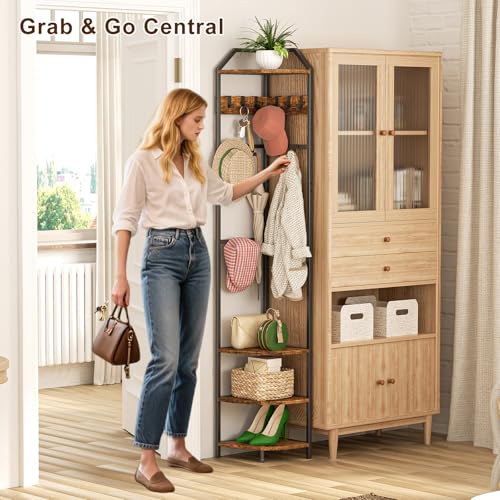 X-cosrack Corner Hall Coat Tree Freestanding with 10 Movable Hook, Shelf-Adjustable Coat Rack Stand for Purse, Hat, Bag and Shoe, Narrow for Small Space Living Room Bedroom Office Entryway Storage